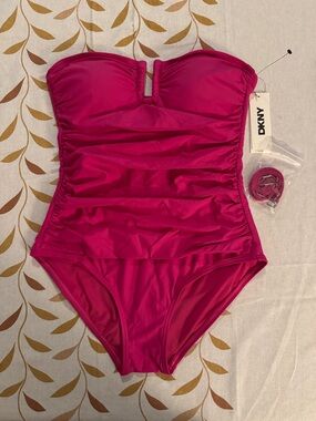 DKNY Hot Pink Strapless Ruched One-Piece Swimsuit